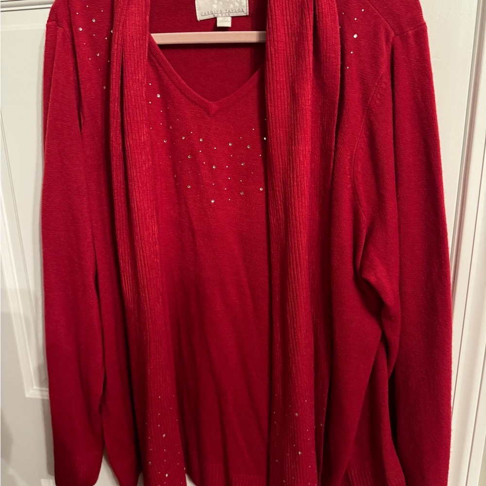 Carolyn Taylor Red V-Neck Sweater with Shimmering Embellishments